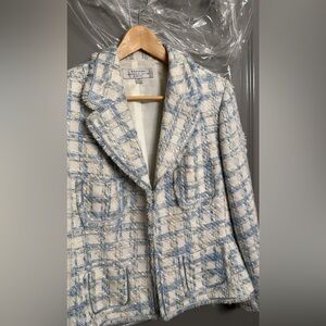 Tahari Arthur S. Levine Tweed Blazer - Petite 14P Blue Cream Check